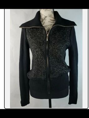 White House Black Market Black Embroidered Zip Jacket - M